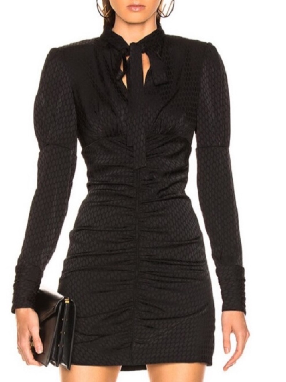 Alexis Ruched Long-Sleeve Jacquard Mini Dress Size XS Black Ruched Pattern